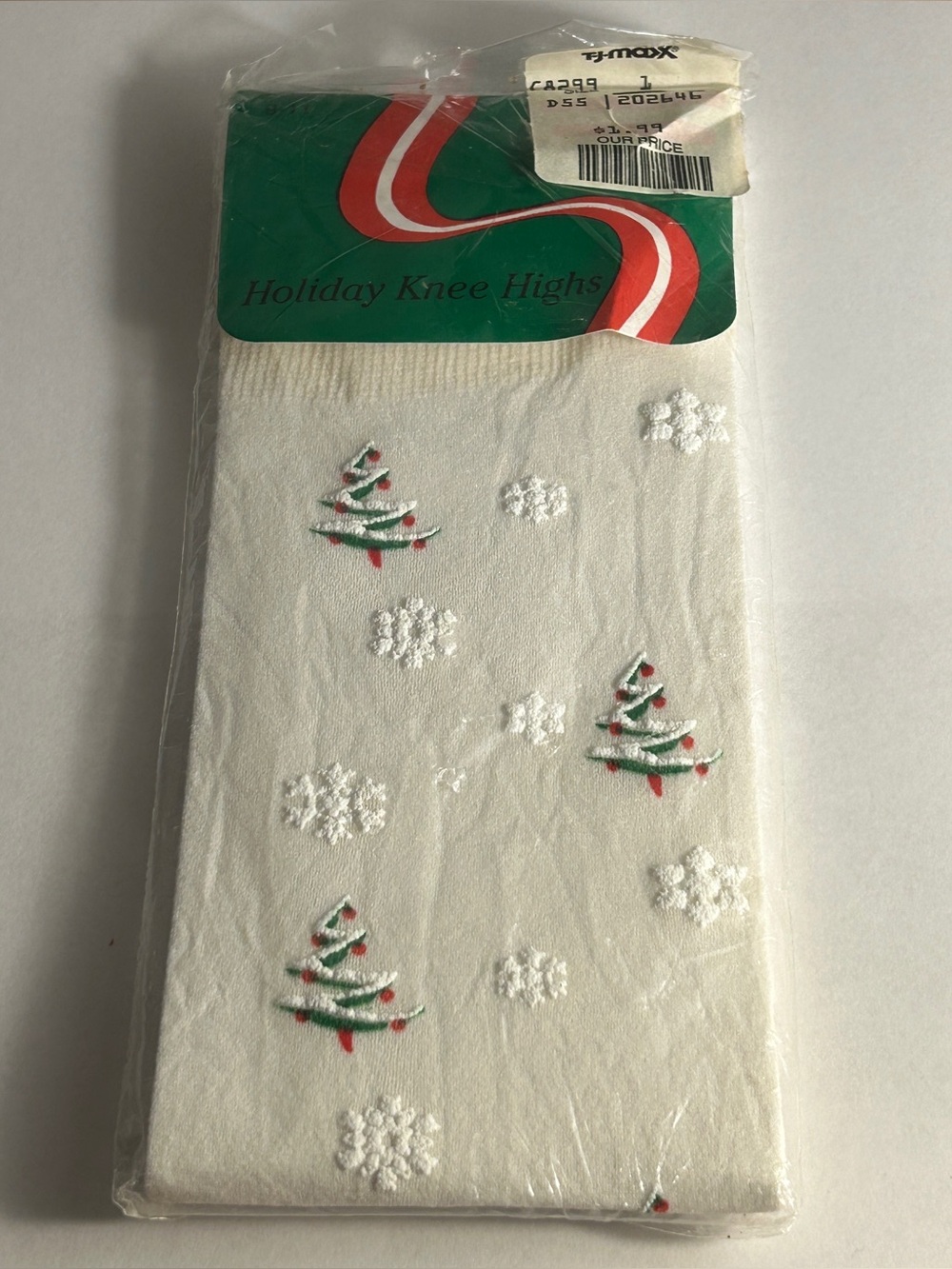 Vintage 1980s Christmas Tree Snowflake Knee High Socks White Nylon NIP 9-11 new